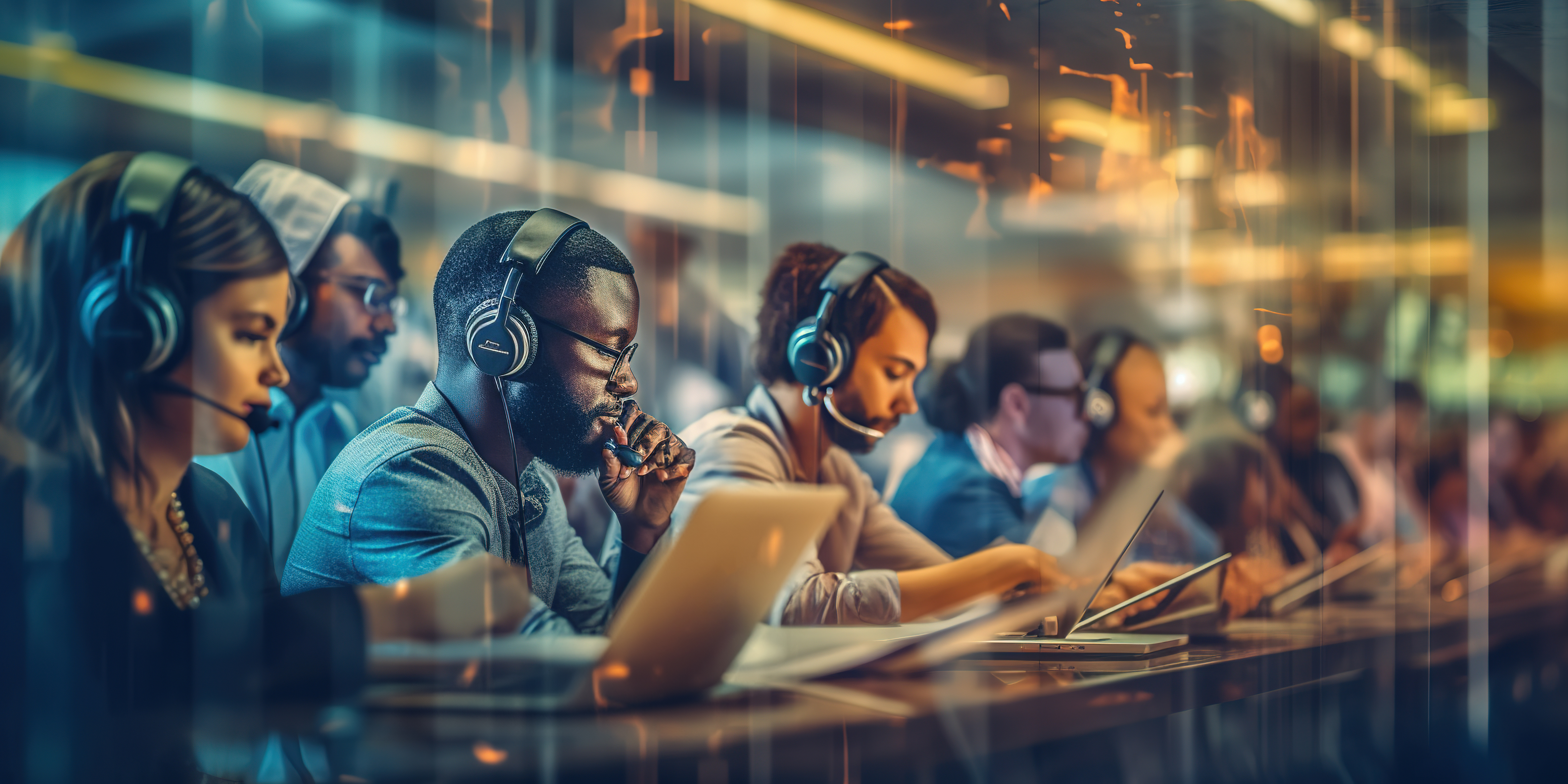 Photo focuses on a man on a laptop with headphones