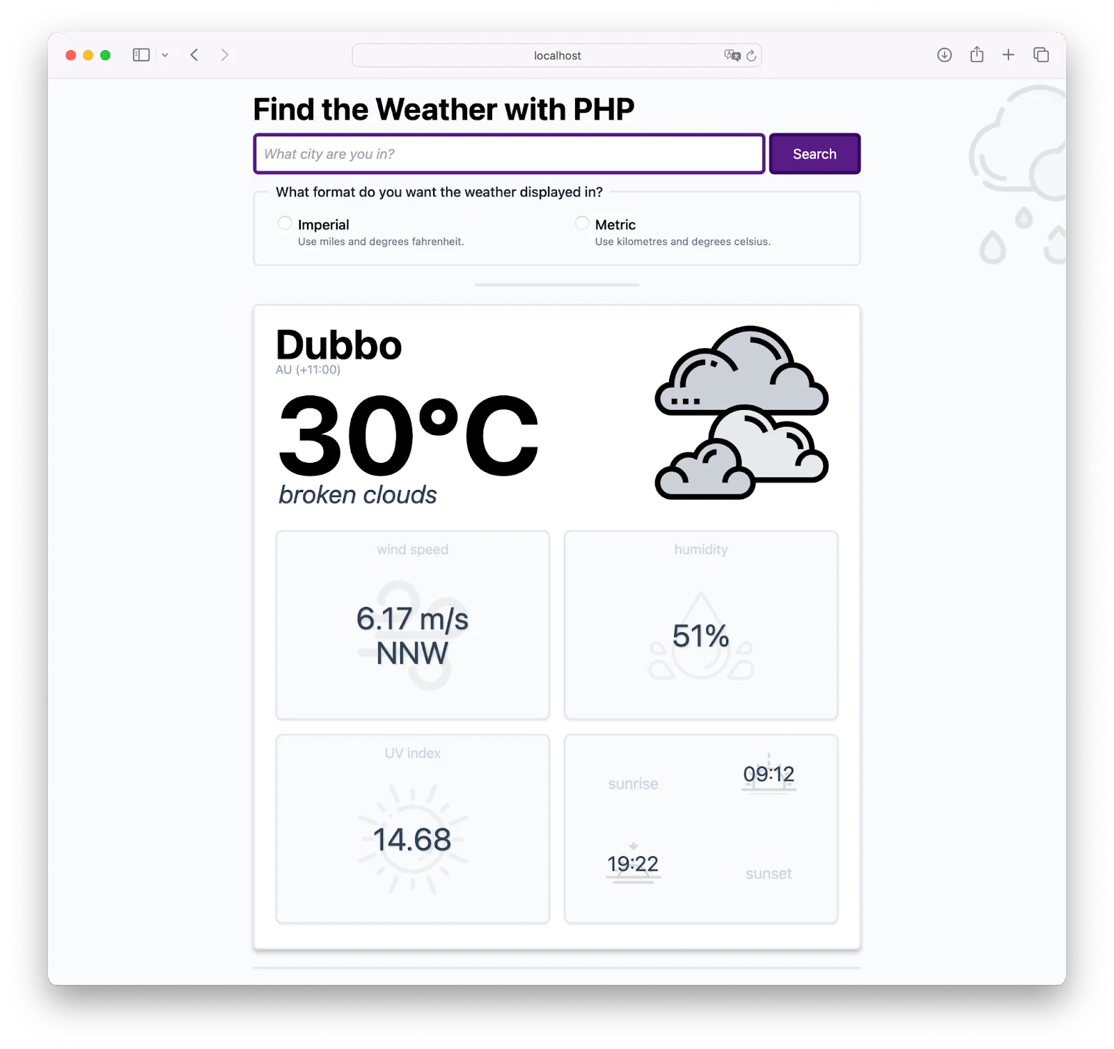 The PHP weather application, rendered in the Safari web browser, with weather data for Dubbo, NSW, Australia. It has a field to enter a city name to find the weather for at the top of the page, and a radio button for choosing either imperial or metric as the unit of measurement for the weather data. Under that, it displays the weather data, including the temperature in degrees Celsius and wind speed.