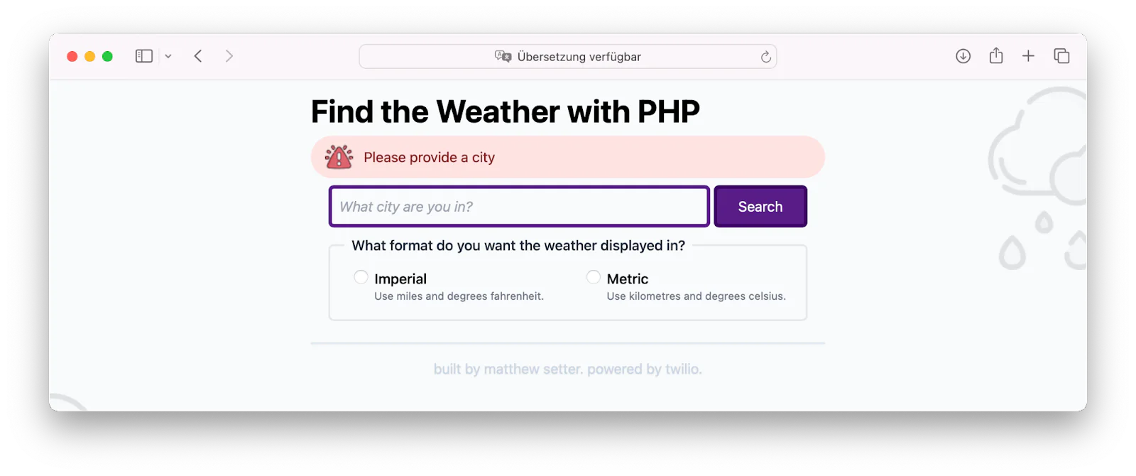 The PHP weather application, rendered in the Safari web browser, showing an error message because no city was provided.