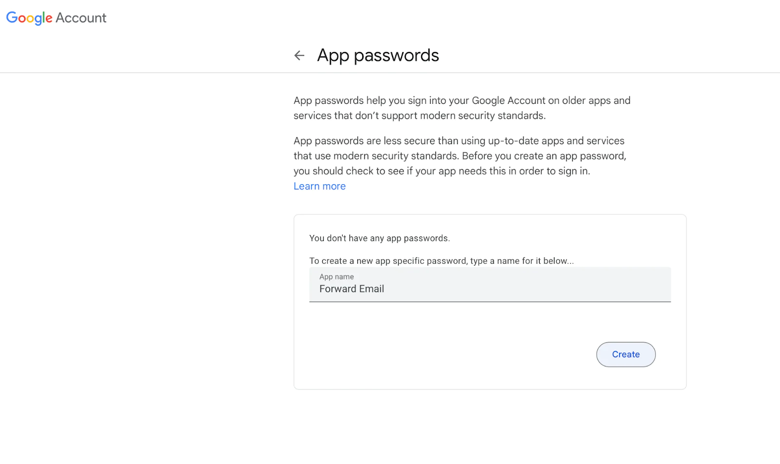 App Passwords page on Google account