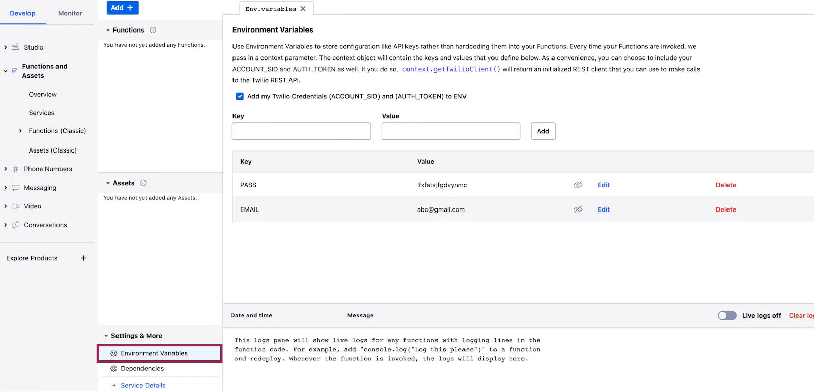 Environment variables section on the Function service