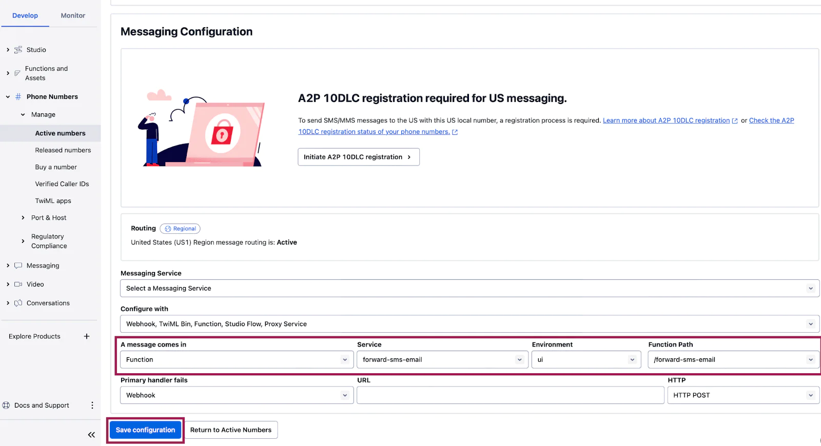 message configuration section within the twilio number page