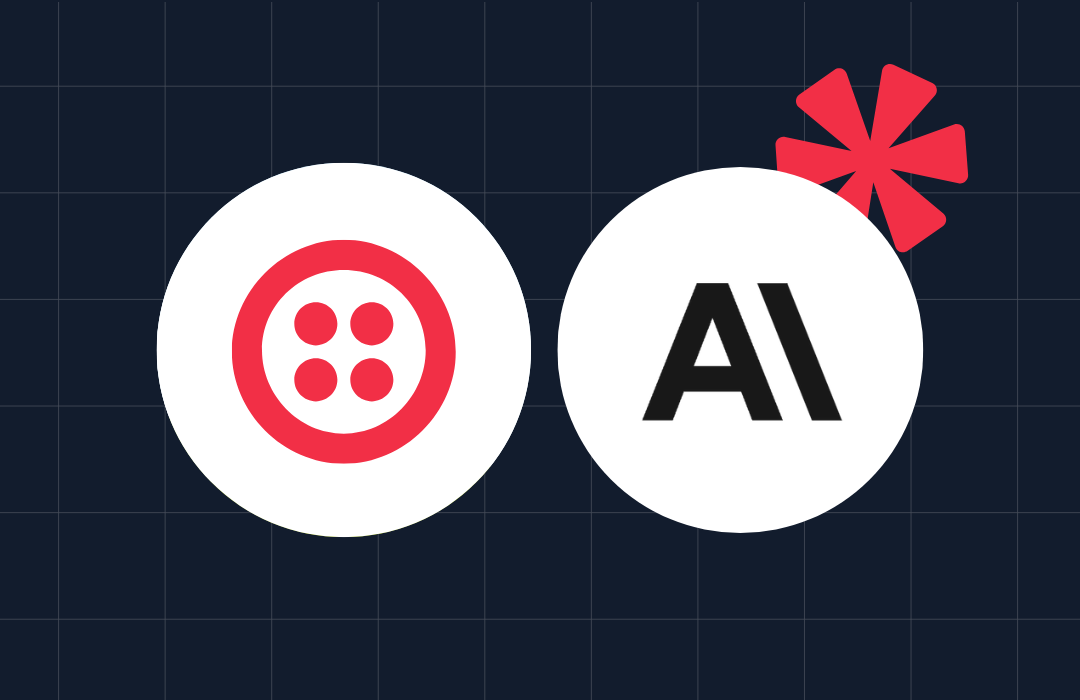 Logos of Twilio and OpenAI with a red asterisk on a dark grid background