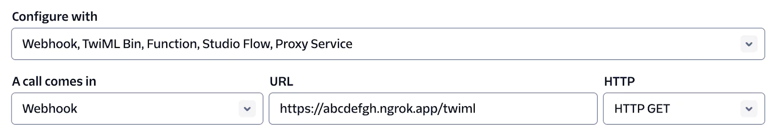 Configuration screen showing options for Webhook, TwiML Bin, Function, Studio Flow, Proxy Service with URL and HTTP method. A screenshot showing Twilio console call service