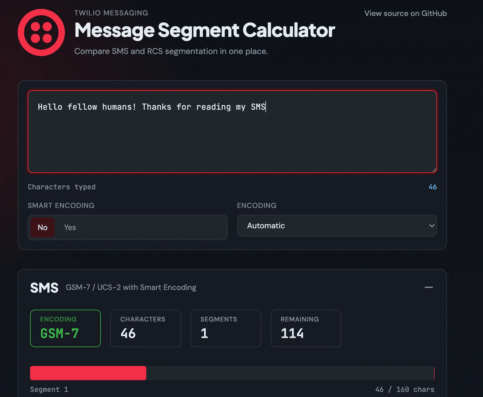 Message Segment Calculator showing an SMS message in GSM-7.
