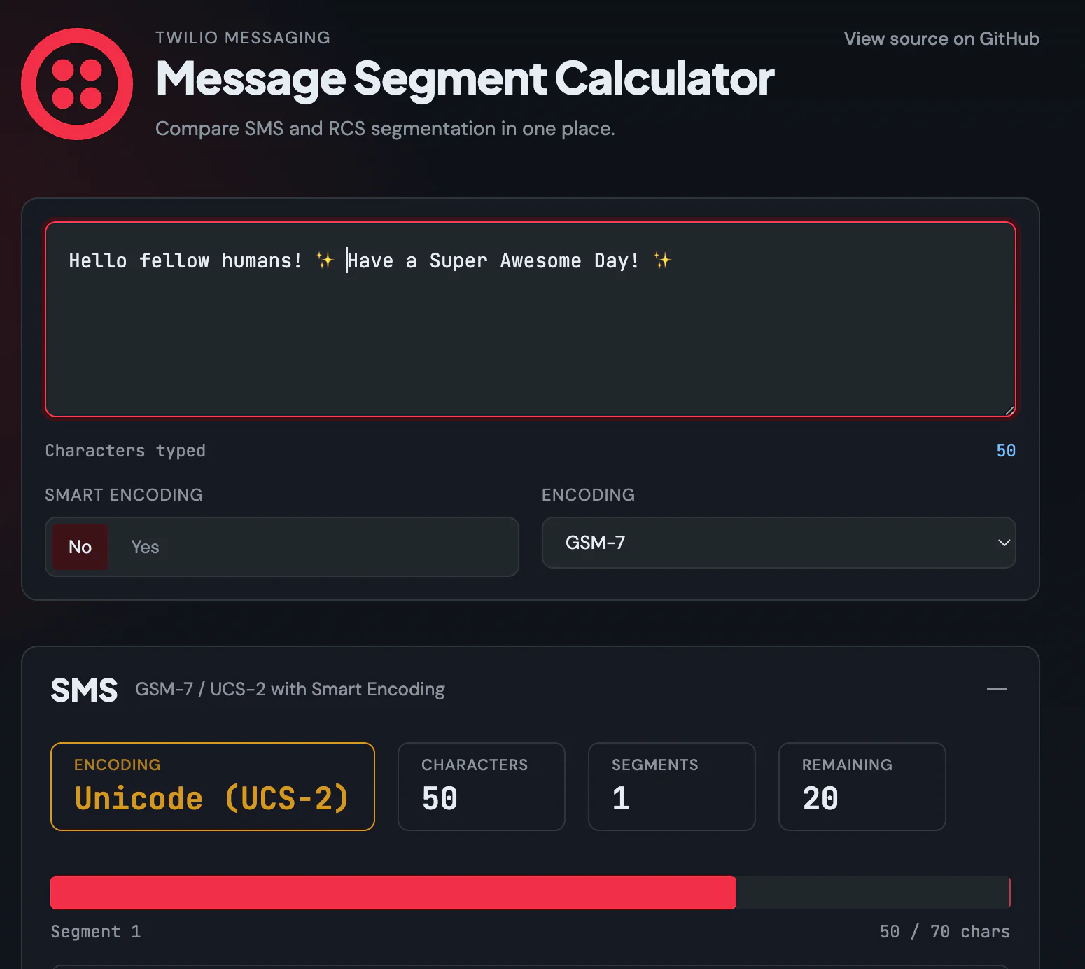 Message Segment Calculator showing an SMS message in Unicode.