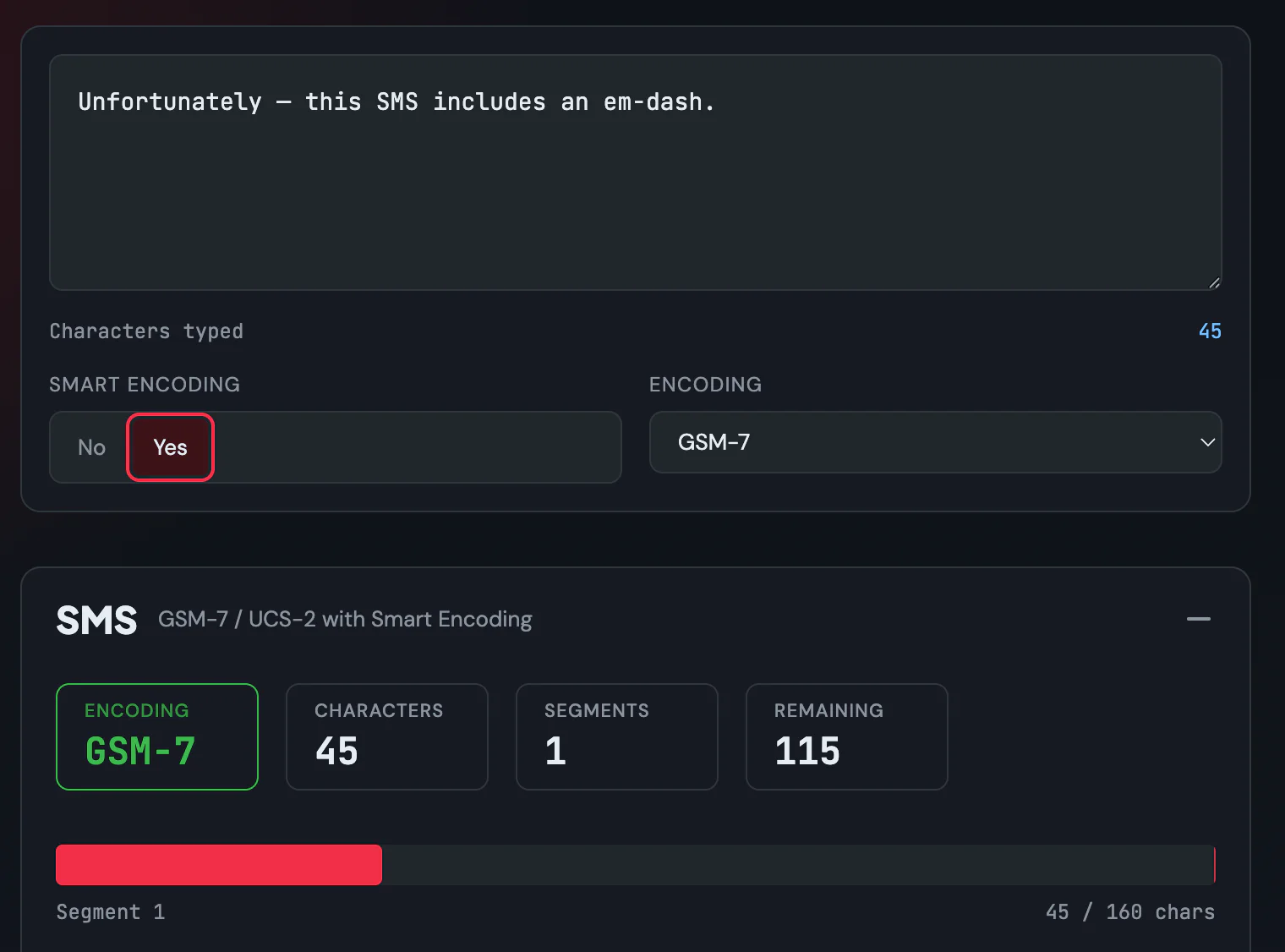 With smart encoding, this is a GSM-7 message. Screenshot of that.