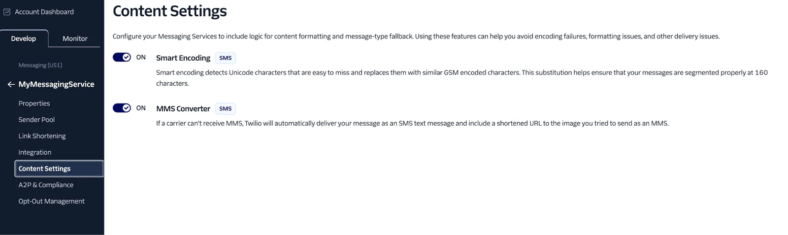Dashboard showing content settings