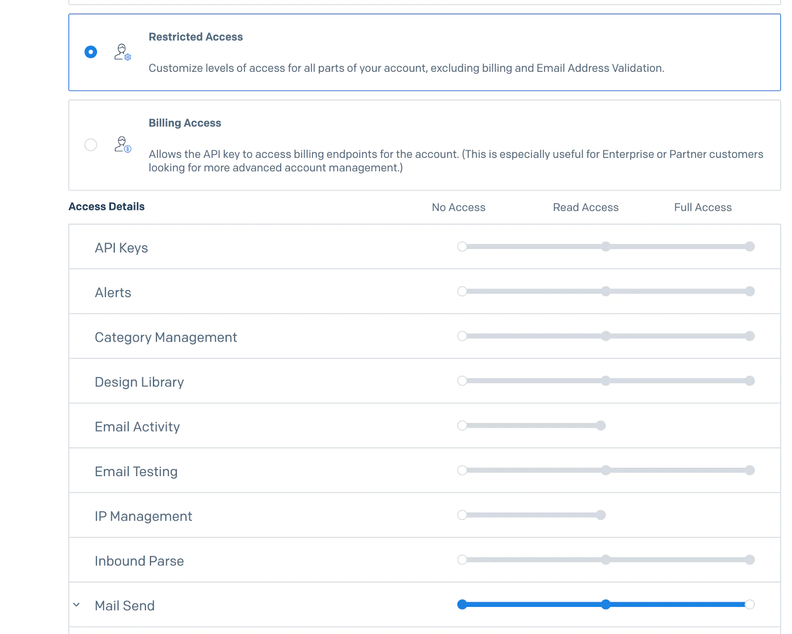 Screen showing customizable access settings for different account features with various permission levels.