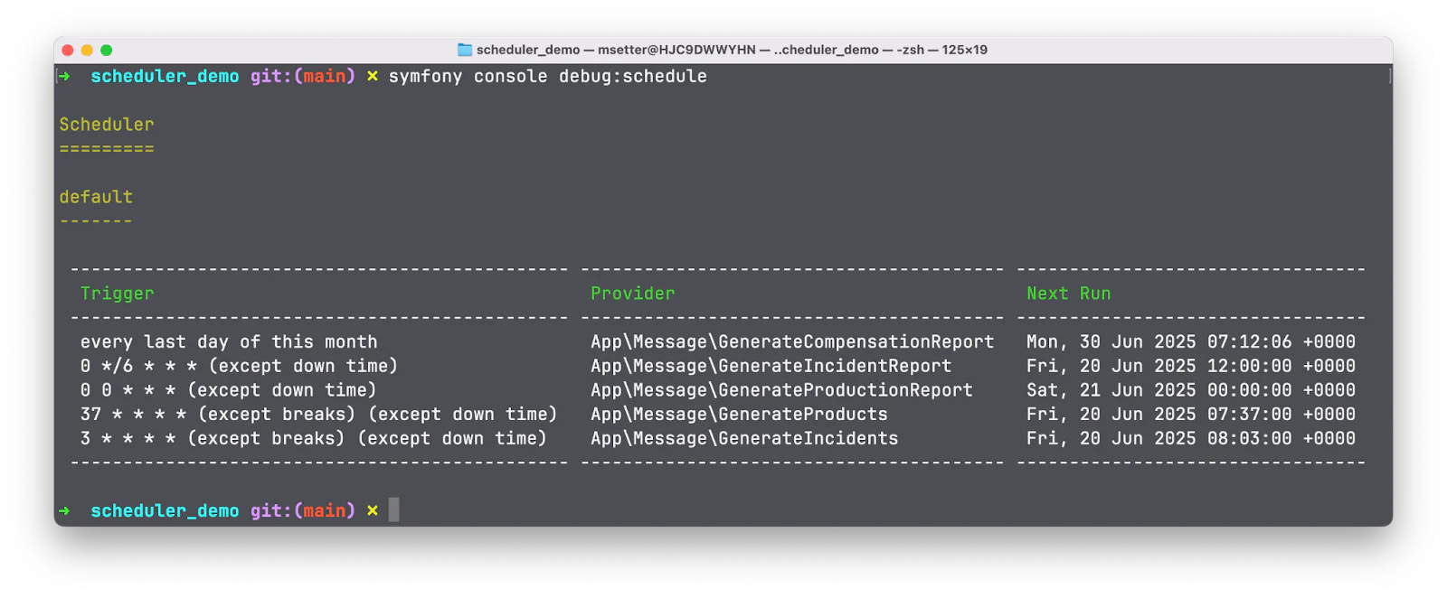 Screenshot of Symfony console displaying a list of scheduled tasks with their triggers, providers, and next run times.