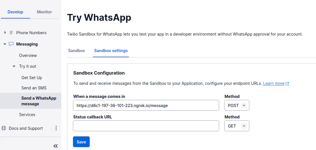 Twilio Sandbox configuration screen for WhatsApp messaging with URL fields and save button