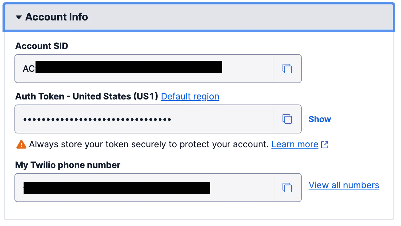 Screenshot of Twilio account info with Account SID, Auth Token, and Twilio phone number partially obscured.