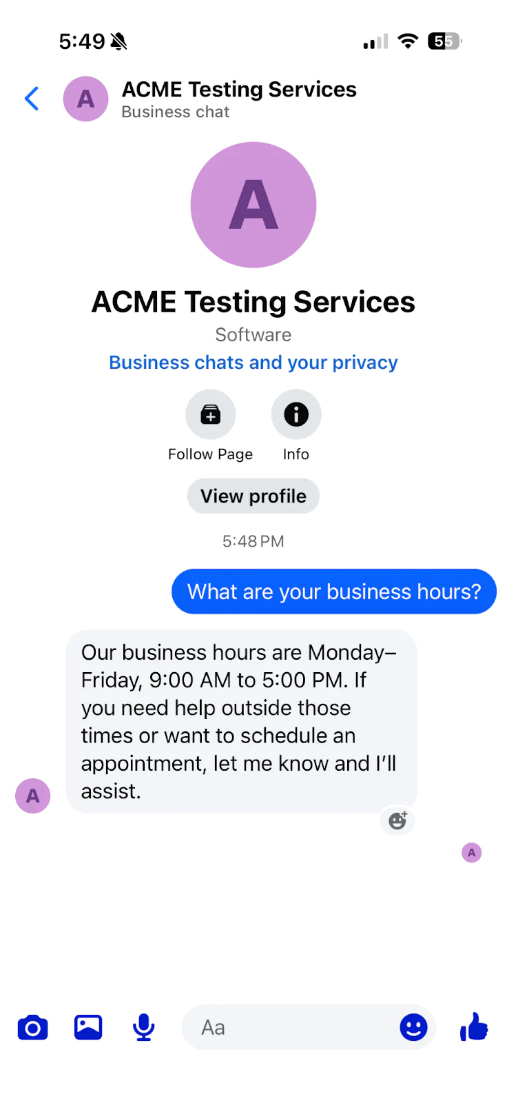 Chat with ACME Testing Services displaying business hours and contact info on a smartphone screen at 5