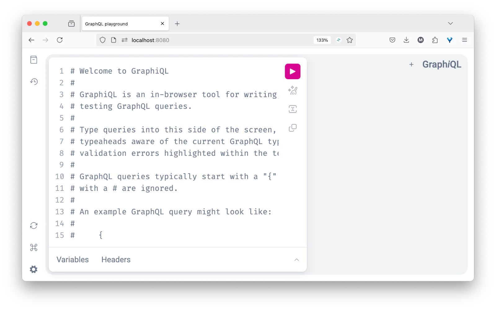 Screenshot of the GraphiQL interface showing instructions for writing and testing GraphQL queries.