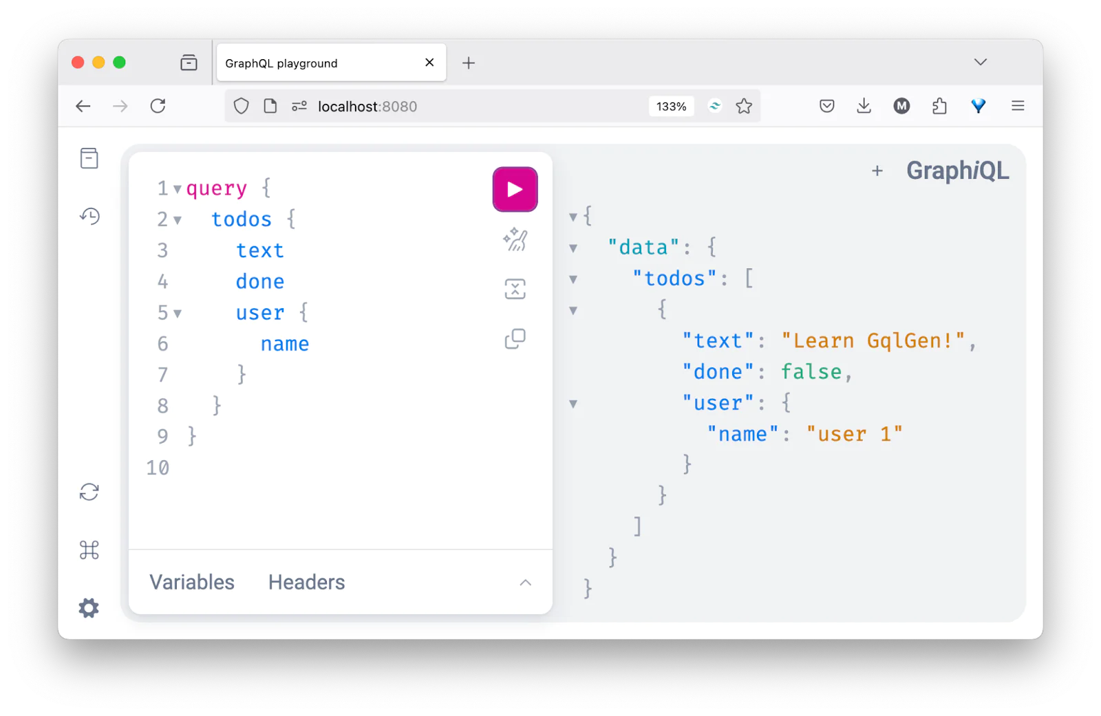 GraphiQL playground showing a query to fetch todos and a result with a task and user information.