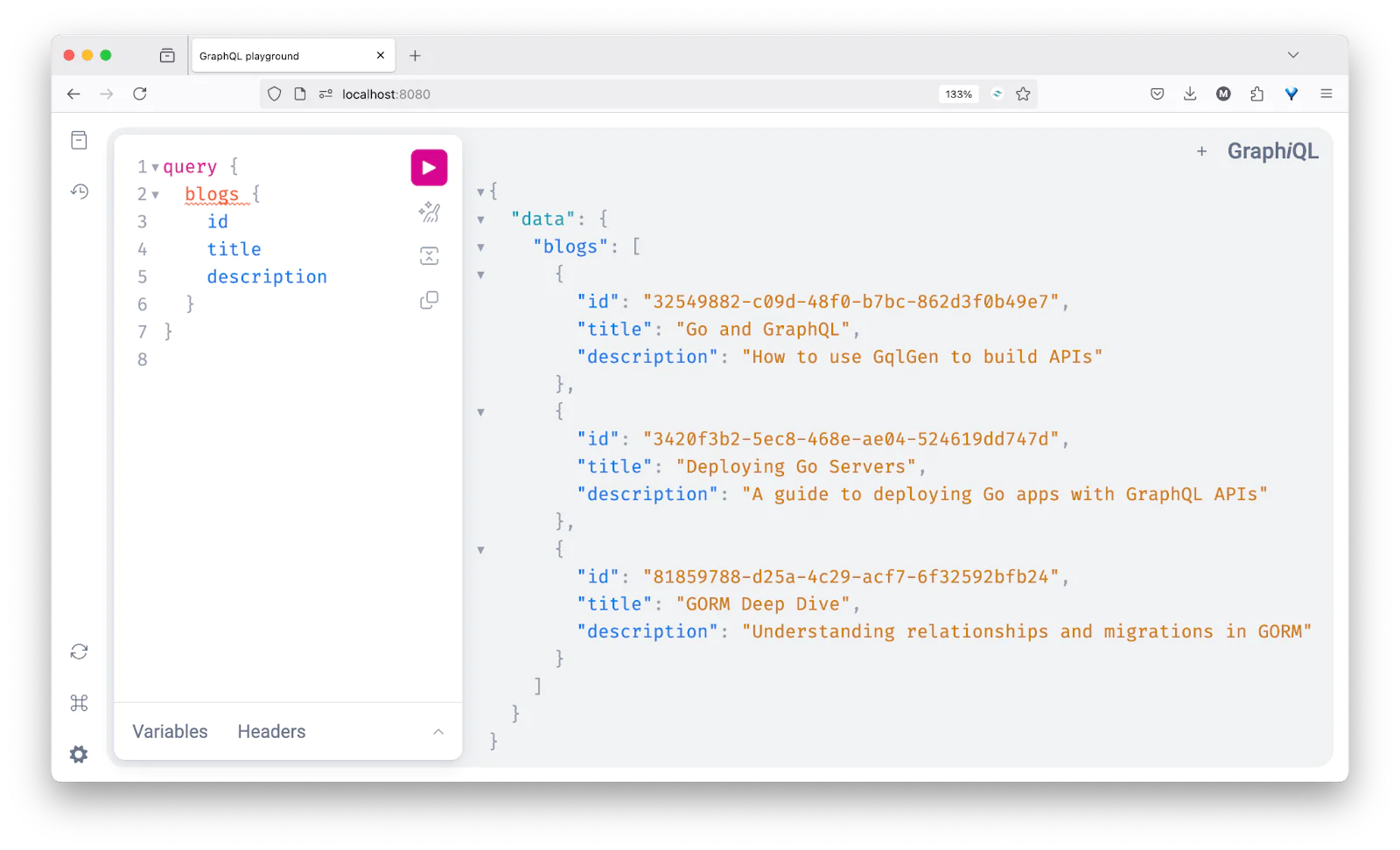 GraphiQL interface displaying a GraphQL query for fetching blog data including ID, title, and description.