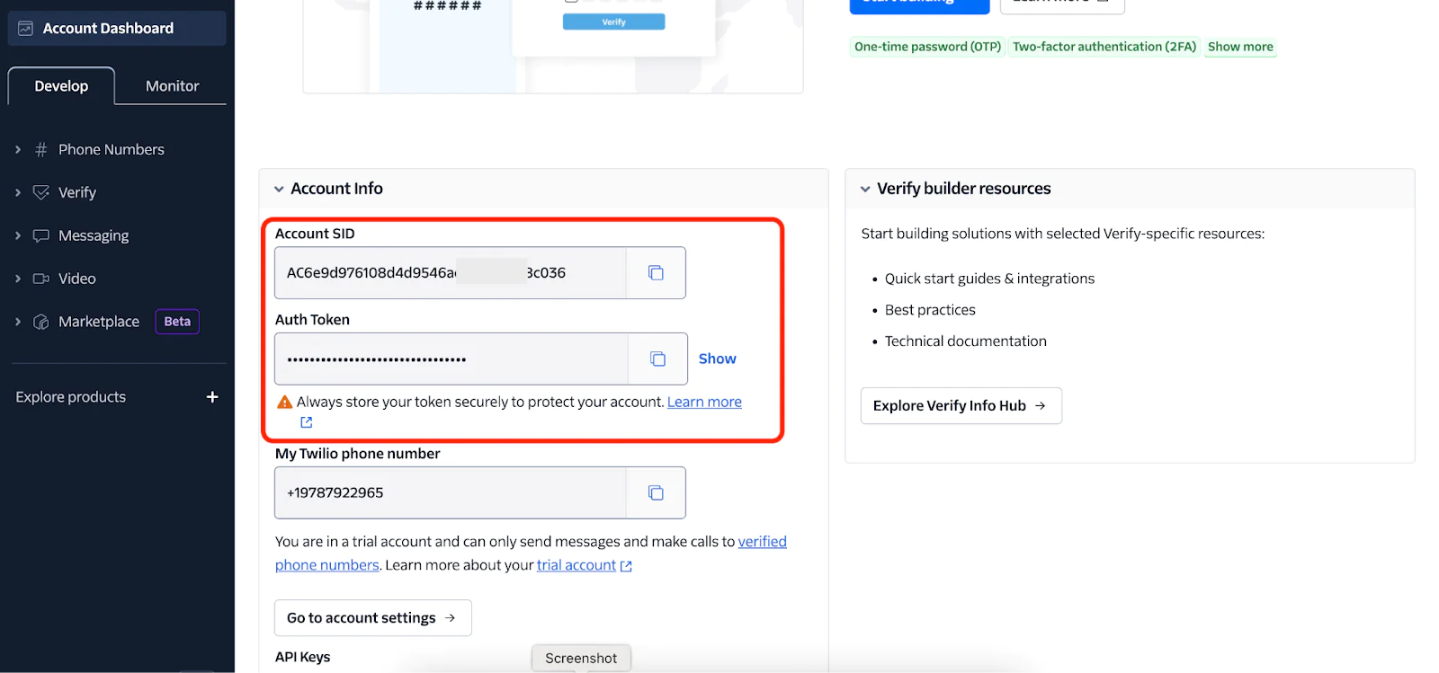 Twilio dashboard with account SID, Auth Token, and verification resource links displayed.
