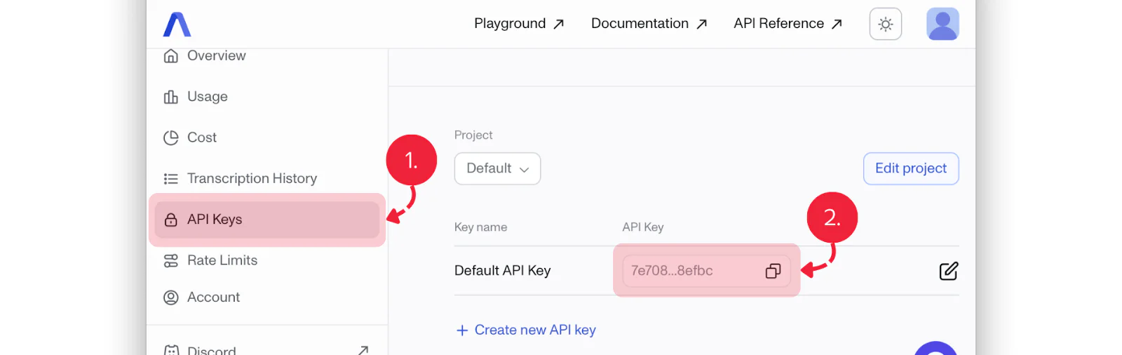 Screenshot showing API Key management with options to edit project and copy API key.
