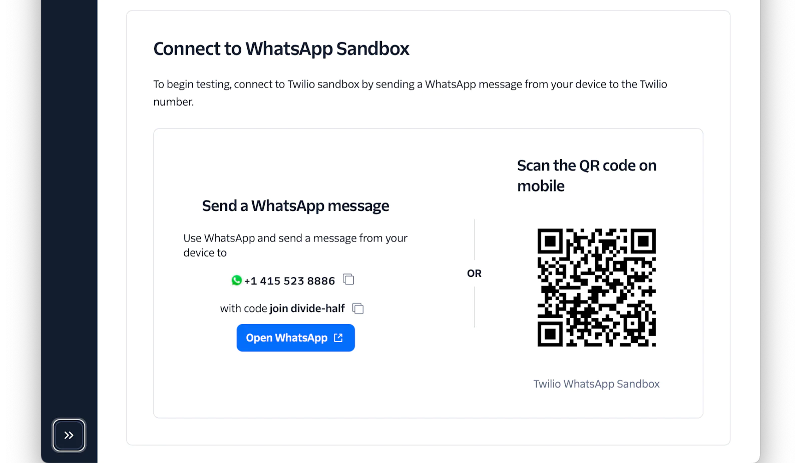 Instructions to connect to Twilio's WhatsApp Sandbox with QR code and phone number example.