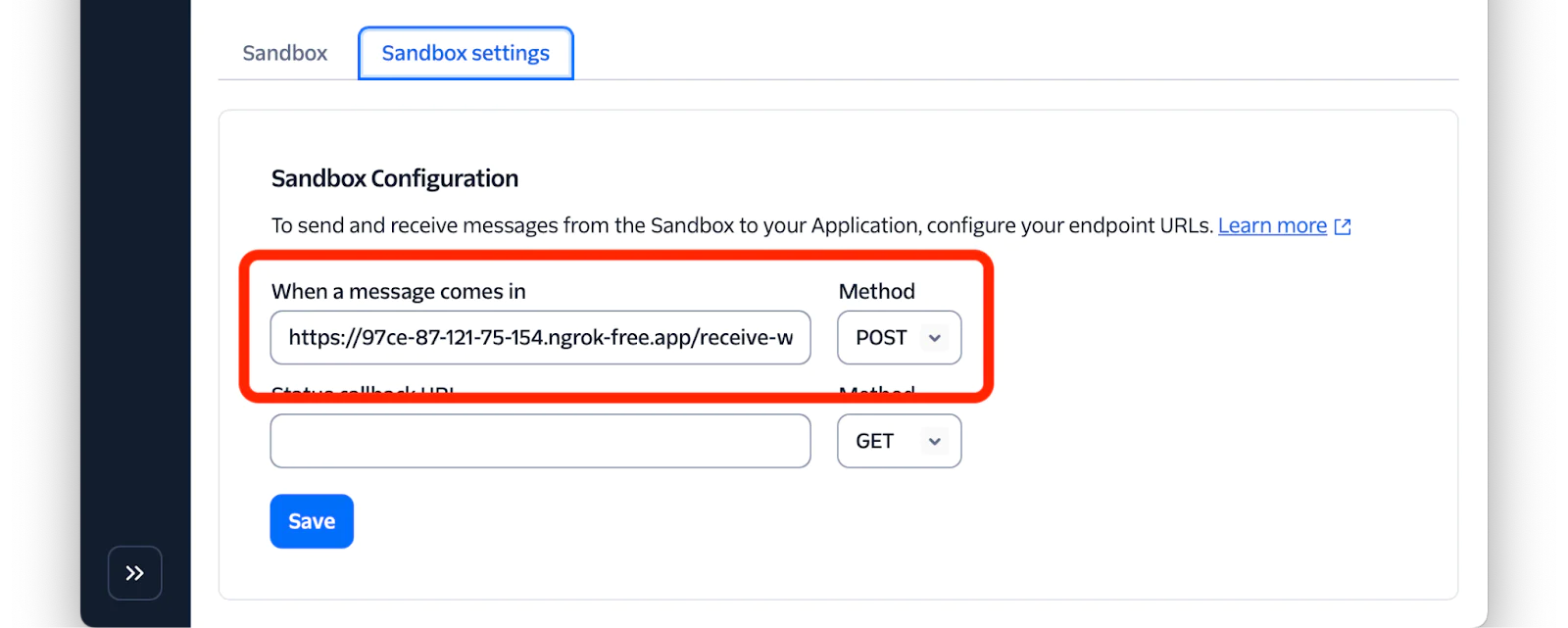 Screenshot of the sandbox configuration settings in a web application, highlighting the receiver endpoint URL and methods.