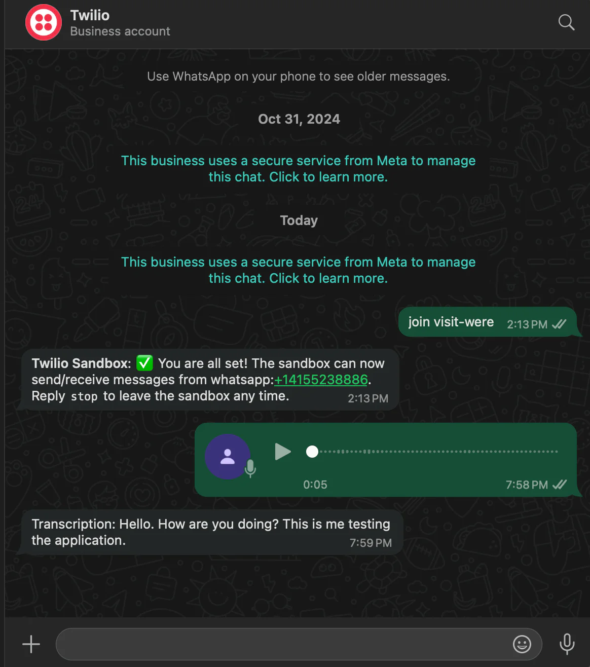 Screenshot of a WhatsApp conversation with Twilio Sandbox, including a voice message and a text response.