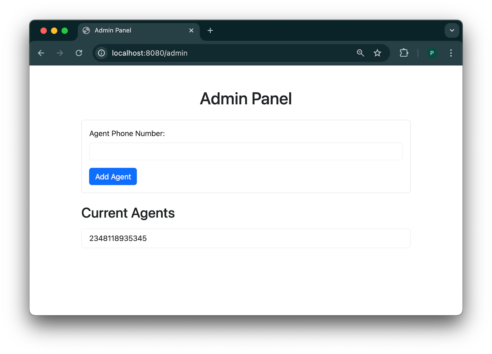 Admin panel for adding agent phone numbers with a current agent listed.