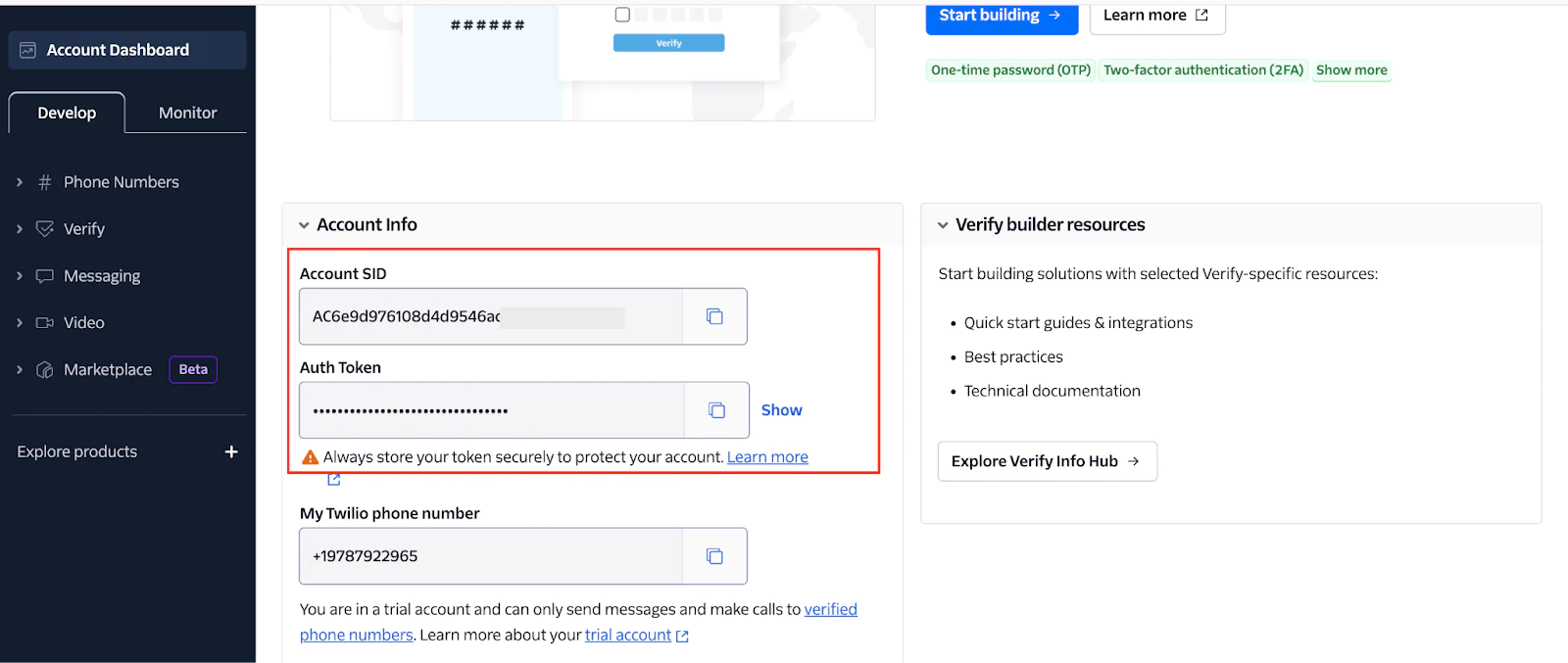 Twilio dashboard displaying account SID, auth token, and verification resources section.