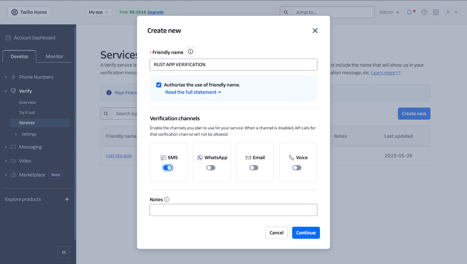 Twilio dashboard showing the creation of a new service with options for SMS, WhatsApp, Email, and Voice verification.