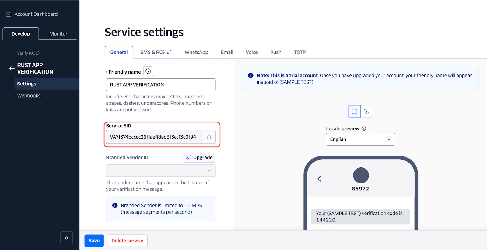 Screenshot of the service settings page for RUST APP verification, highlighting the Service SID field.
