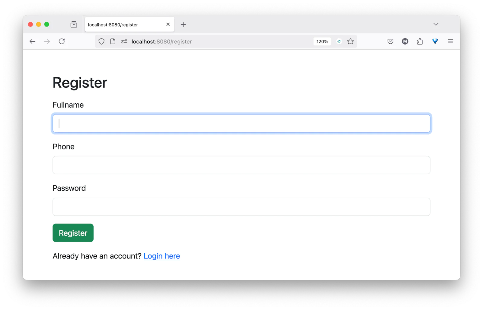 A registration form with fields for fullname, phone, and password, and buttons to register or login.
