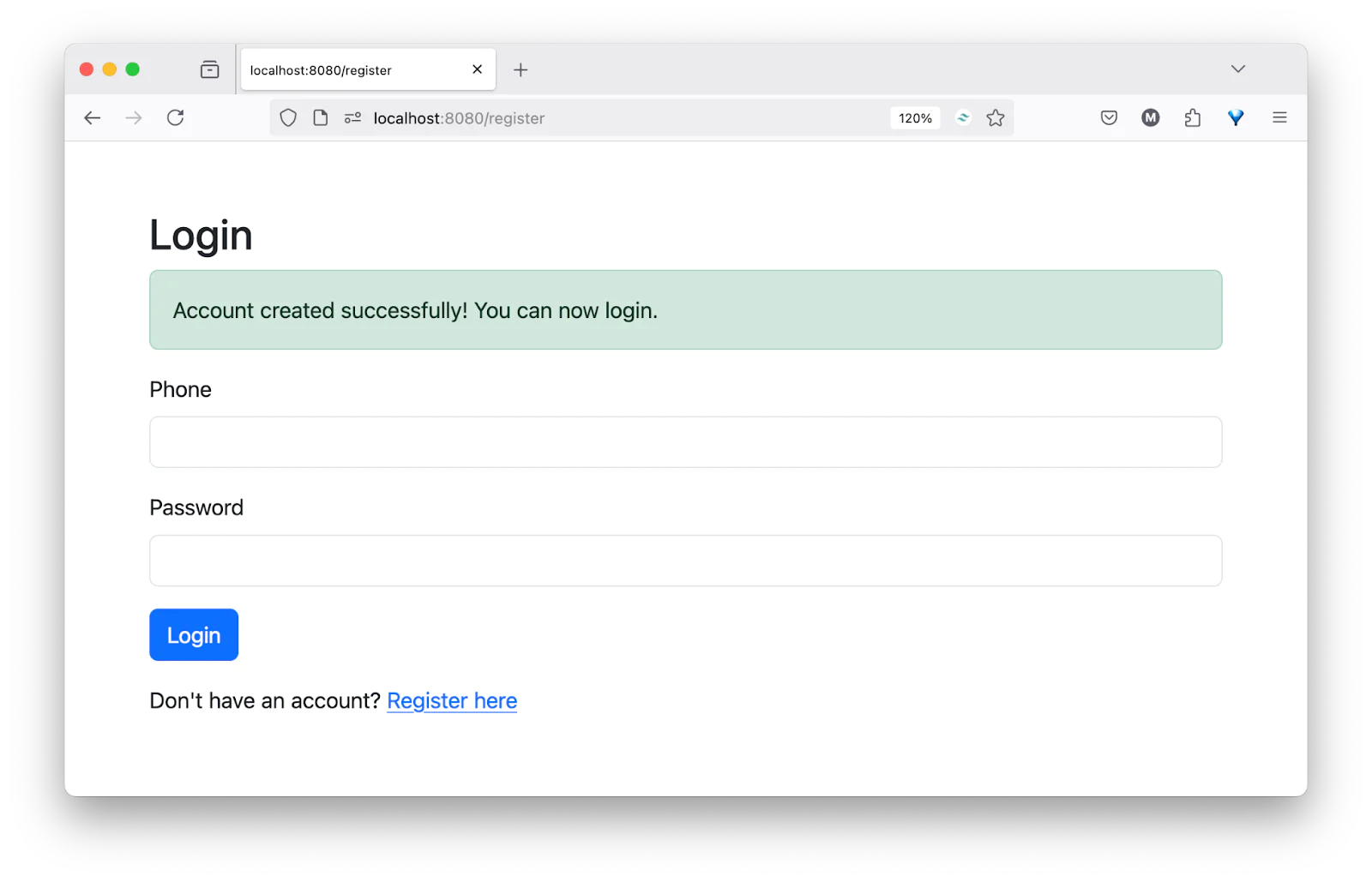 Login page with a success message indicating the account was created, fields for phone and password, and a login button.