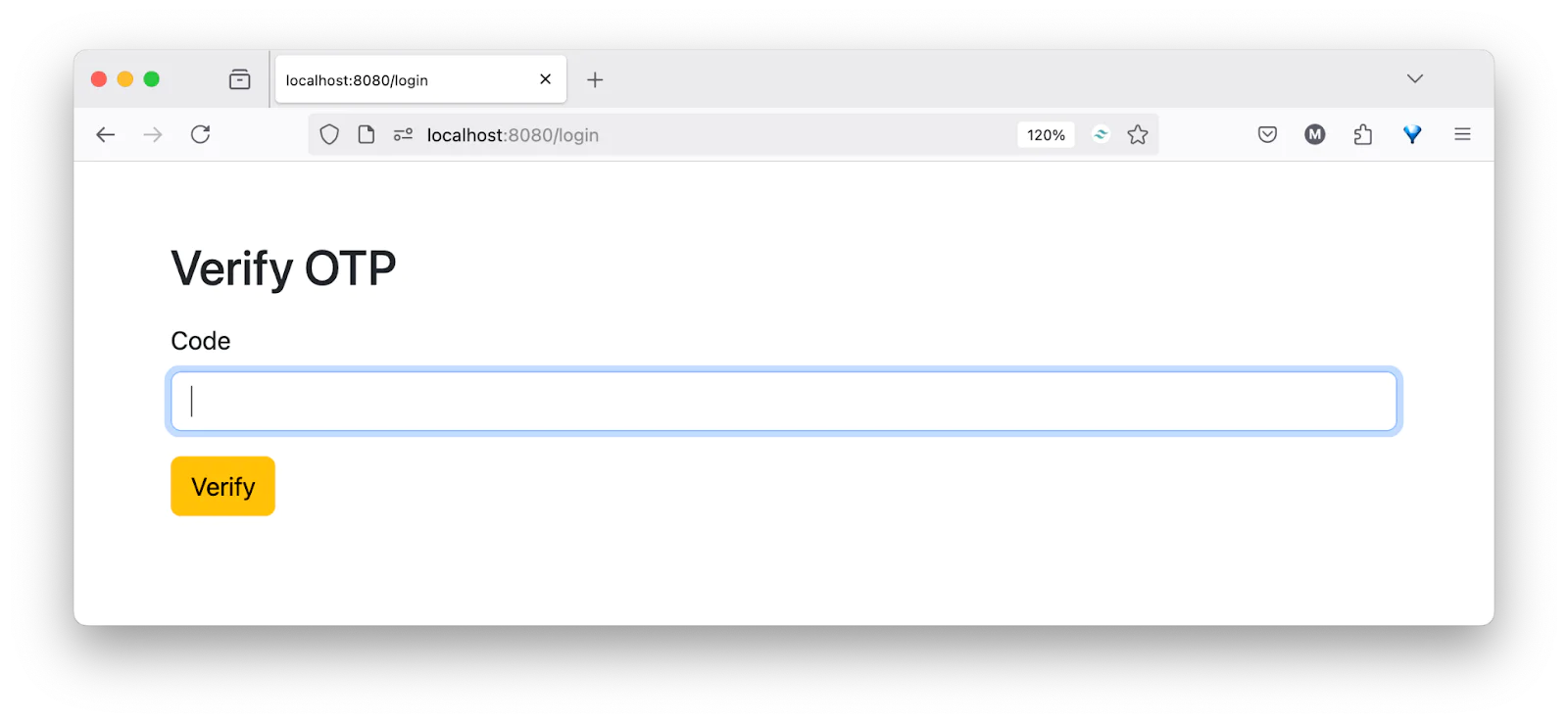 Web page prompting user to verify OTP with input box and yellow verify button