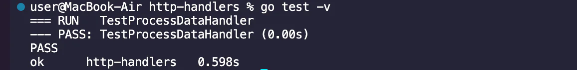 Result in the terminal showing the tested handler function passes.