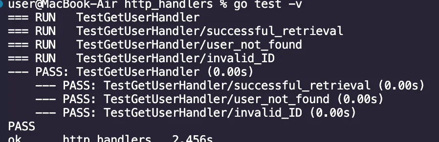 erminal output demonstrating the test results for the defined handler package, including the User struct, UserDB interface, MockUserDB struct implementing UserDB, and the GetUserHandler function.