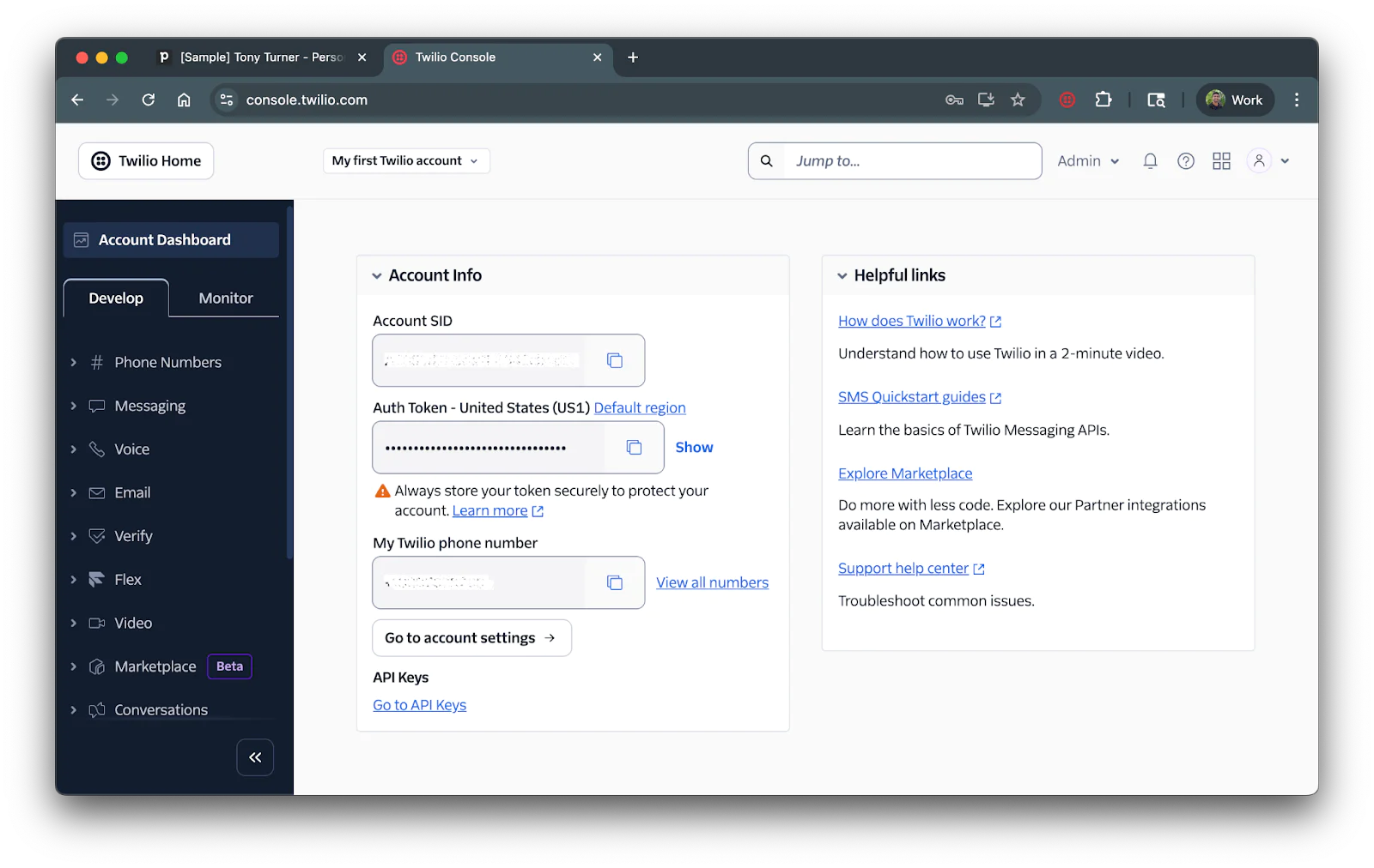 Front page of the Twilio console showing the account info section with credentials
