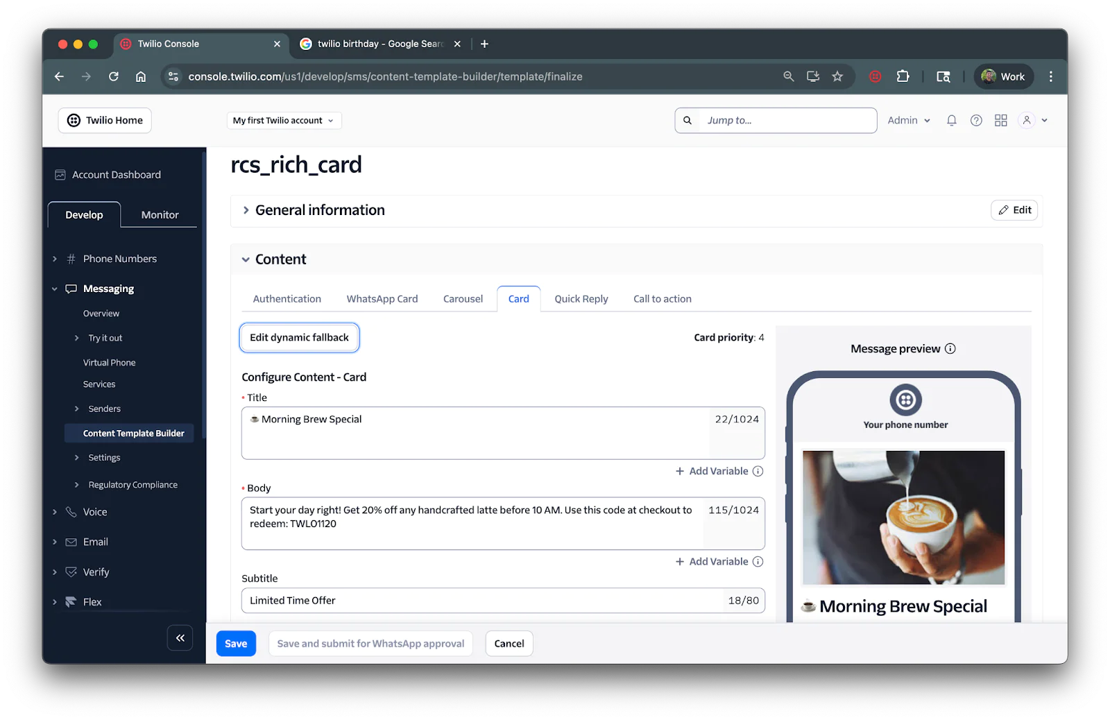 Screenshot of Twilio Console showing the setup for an RCS rich card with morning brew special message.
