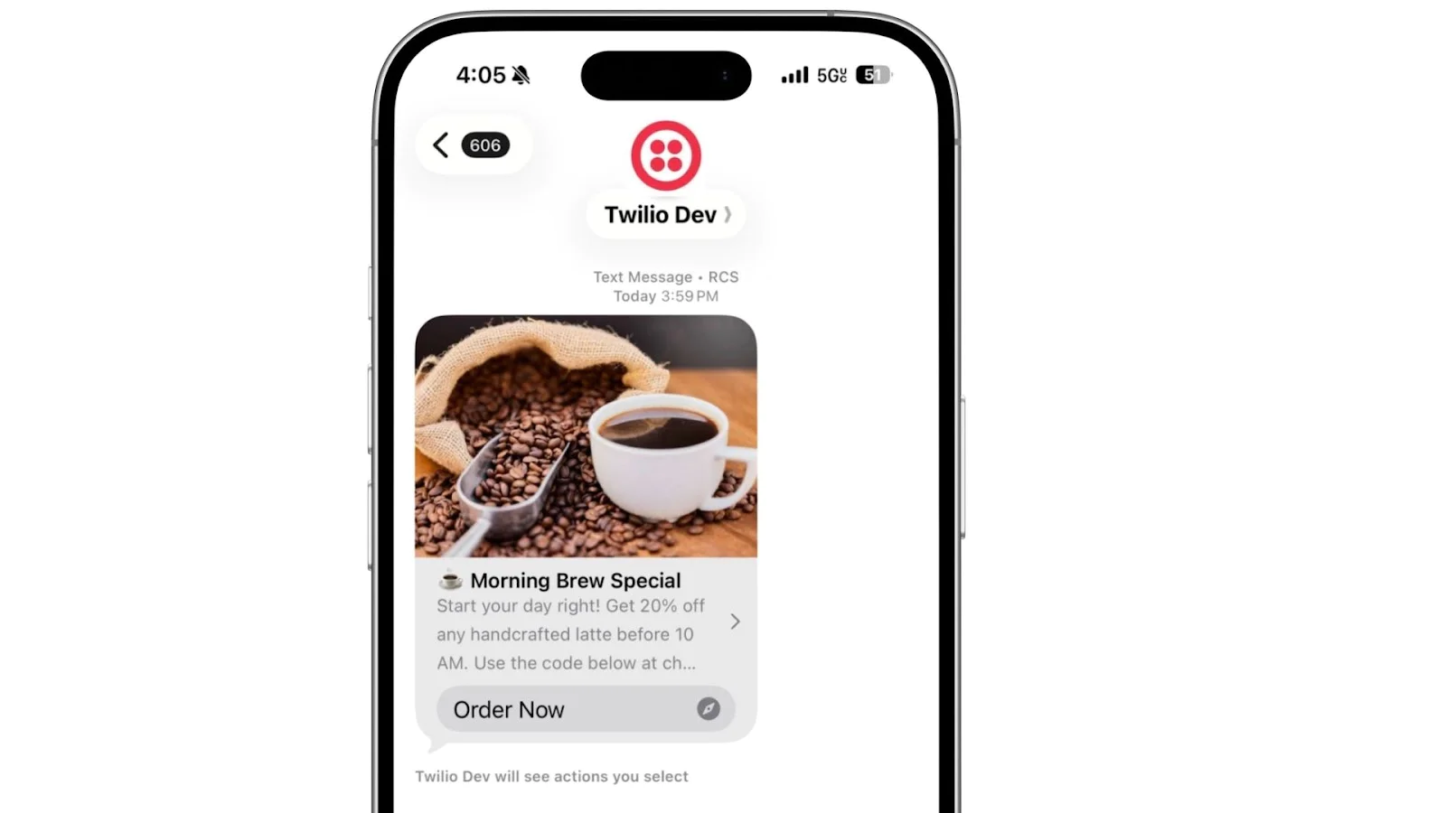 Smartphone displaying a text message with a coffee promotion featuring a cup of coffee and coffee beans.
