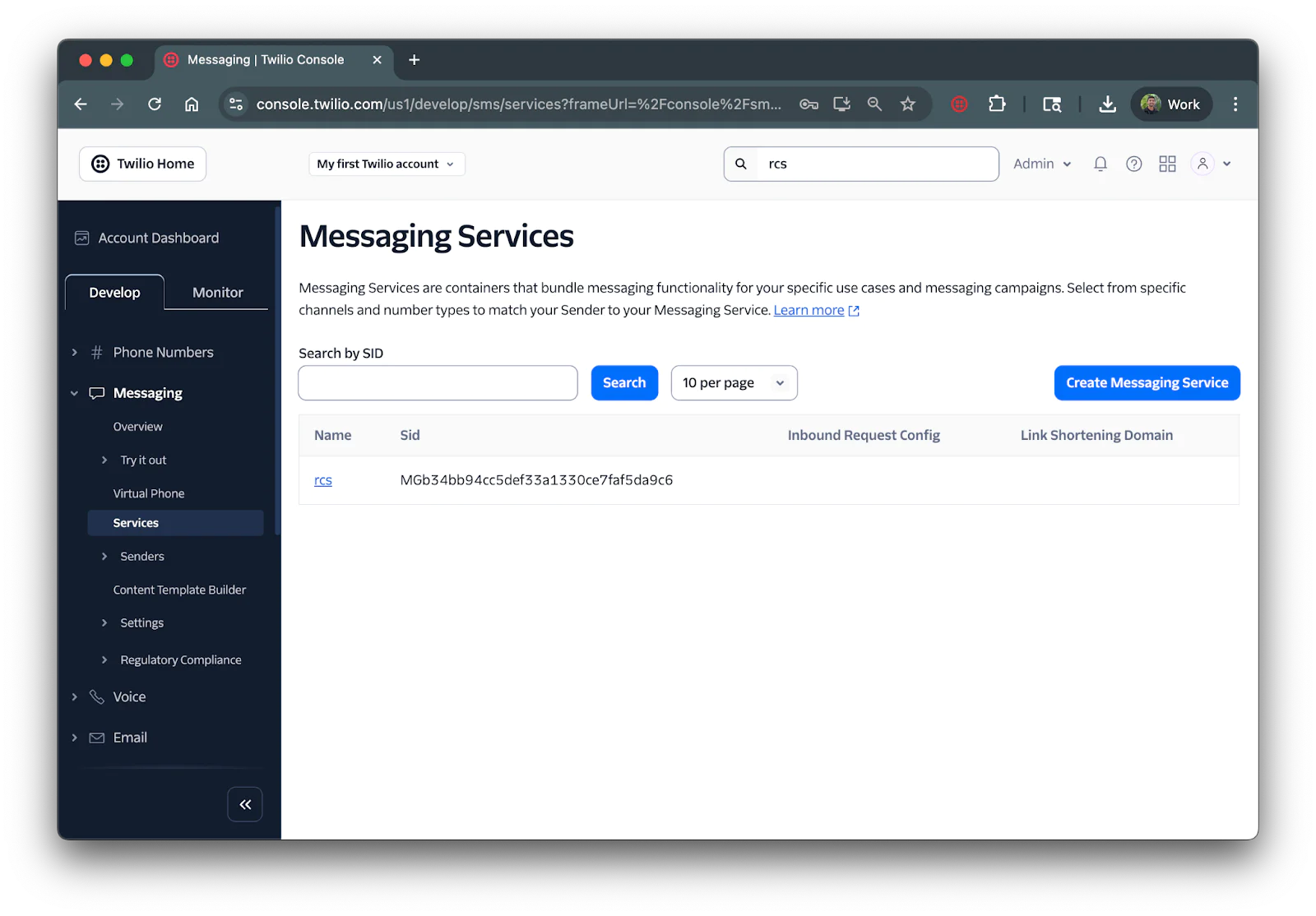 Messaging Service page of the Twilio console showing the RCS service with its SID