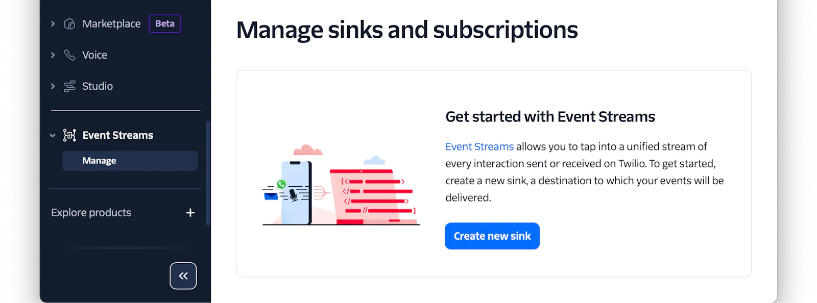 Interface for managing sinks and subscriptions with Event Streams on Twilio.
