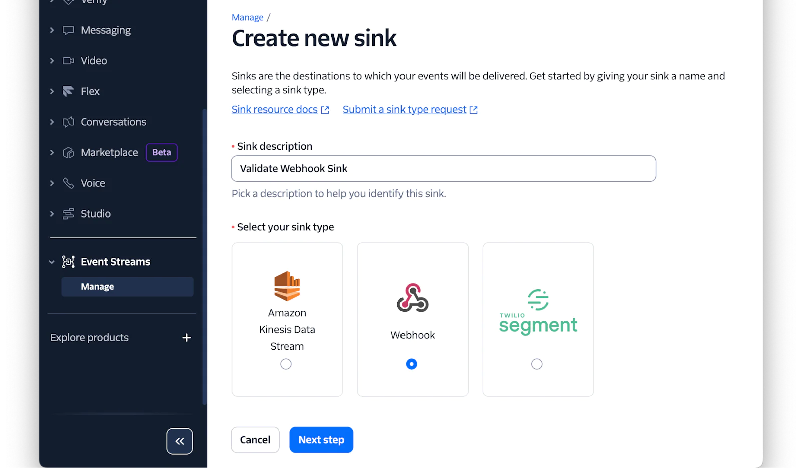 Interface for creating a new event sink with options for Amazon, Webhook, and Segment sinks.
