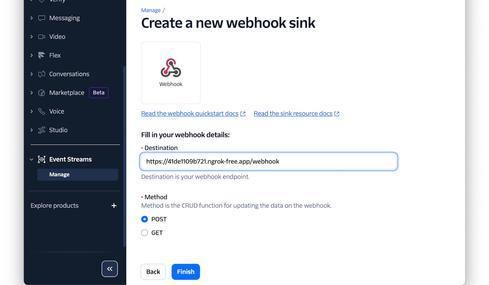 Interface for creating a new webhook sink with URL and method options on a management platform.