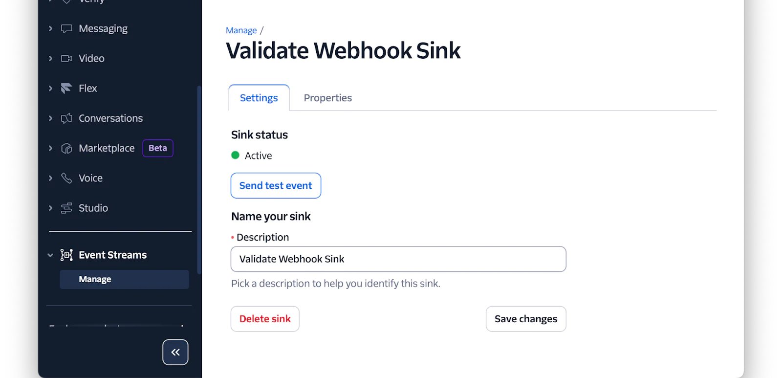Screenshot of the Validate Webhook Sink settings interface showing active status and description input.