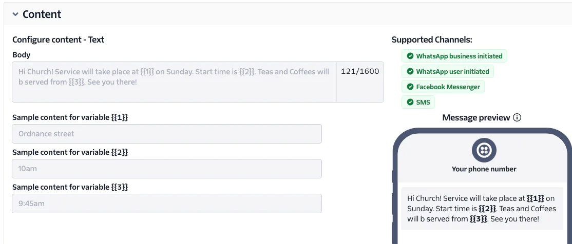 Interface for setting up church service notifications with variables for time, date, and address. Approved Content for WhatsApp
