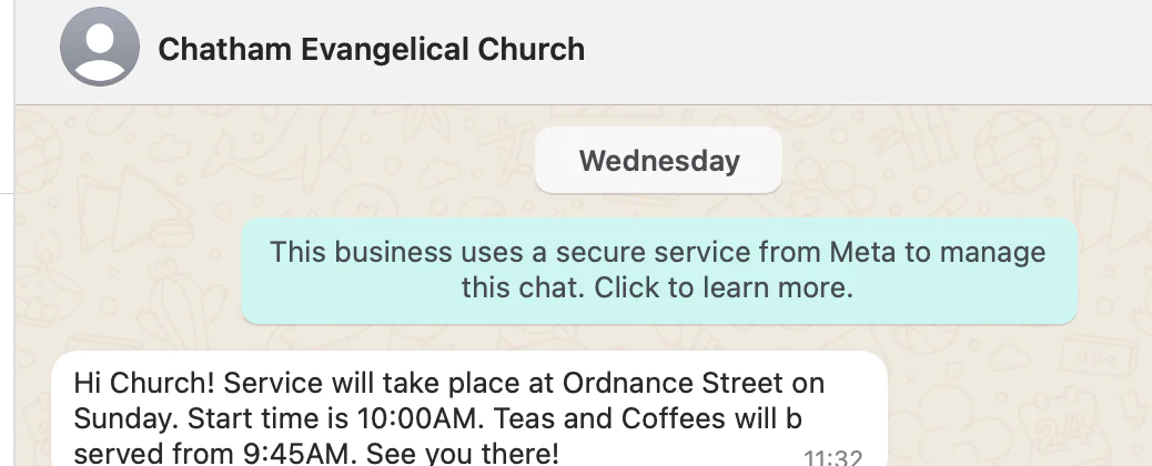 WhatsApp message from Chatham Evangelical Church about Sunday service details. WhatsApp message from Chatham Evangelical Church about Sunday service details.