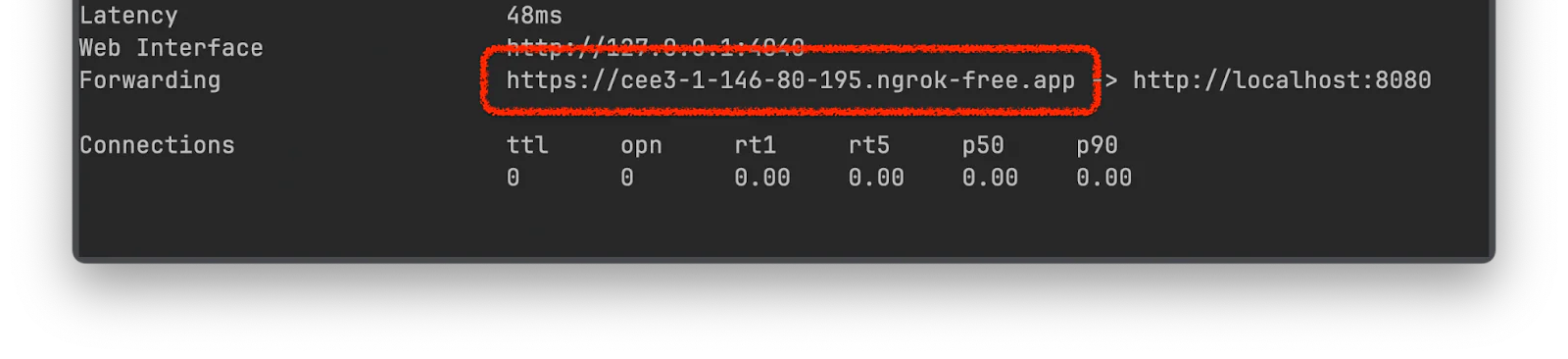 Terminal showing ngrok status including latency and forwarding URL to a localhost web interface.