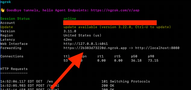 Ngrok Session Status Showing Active Connection Information Terminal window displaying Ngrok session details with an online status and an orange arrow pointing to a URL.