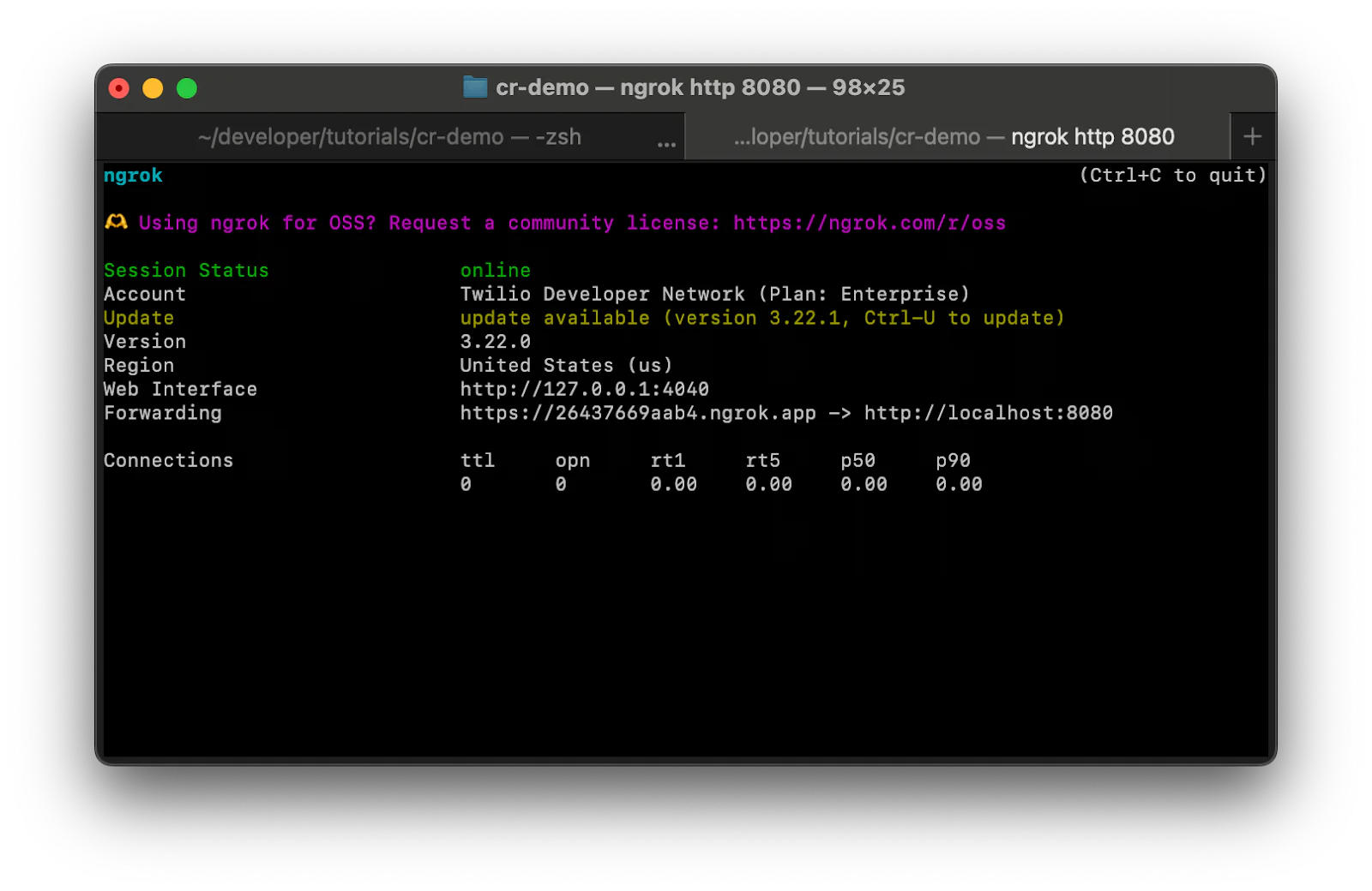 Terminal window displaying Ngrok session status, account details, and active tunnels. Terminal screenshot showing ngrok tunnel with Forwarding URL