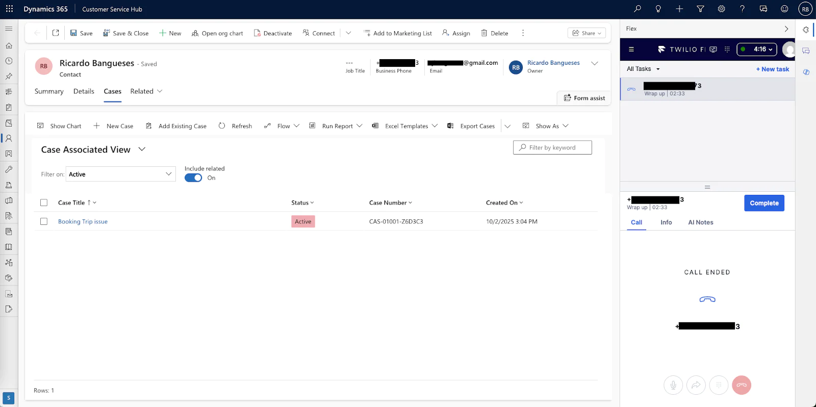 Dynamics 365 Customer Service Hub case management screen showing active case details and actions.