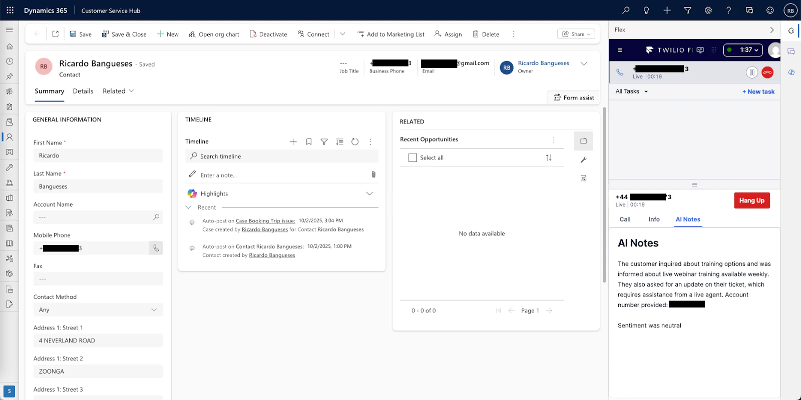 Screenshot of Dynamics 365 Customer Service Hub displaying a user's profile and activity details.