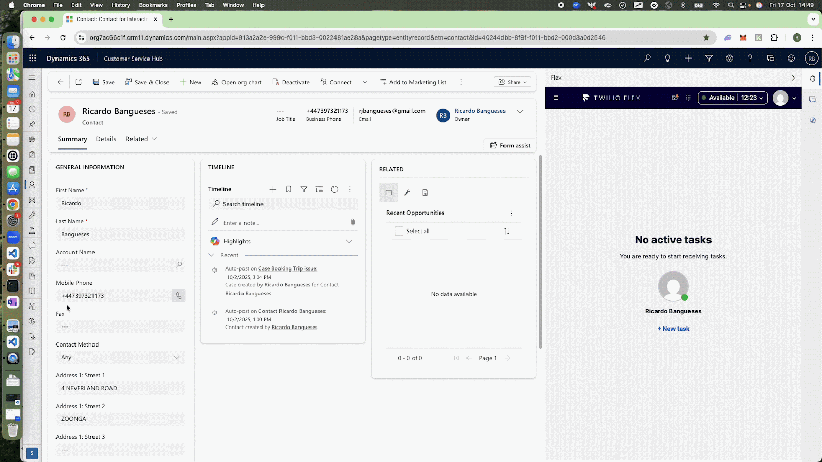 Screenshot of a CRM dashboard displaying customer information, recent activities, and active tasks.